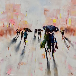 Painting of a couple in an urban scene.