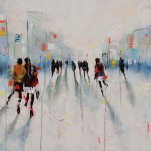Painting of friends strolling the city