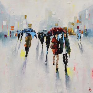 Painting of friends strolling in the city